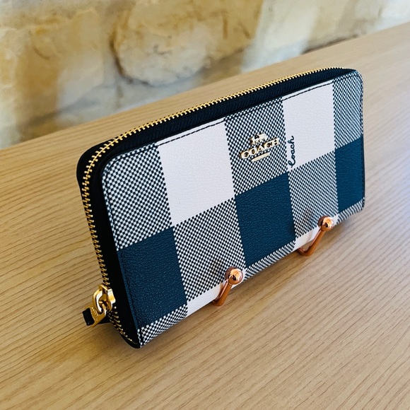 Coach Accordion Buffalo Plaid Zip Accordion Wallet NWT Navy/ white - Picture 4 of 8